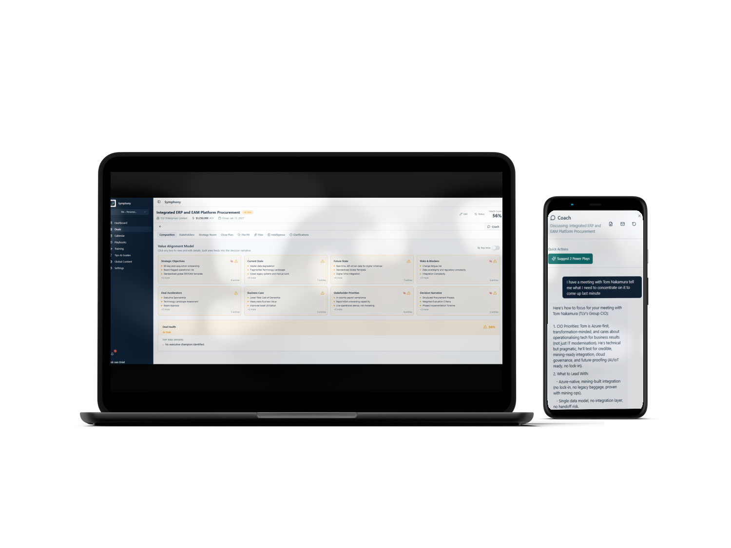 Symphony deal intelligence platform shown on MacBook and iPhone